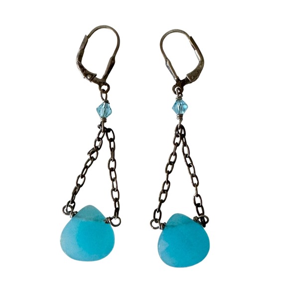 Vintage Dana Kellin Blue Chalcedony Briolette Sterling Silver Dangling Earrings - Picture 1 of 9